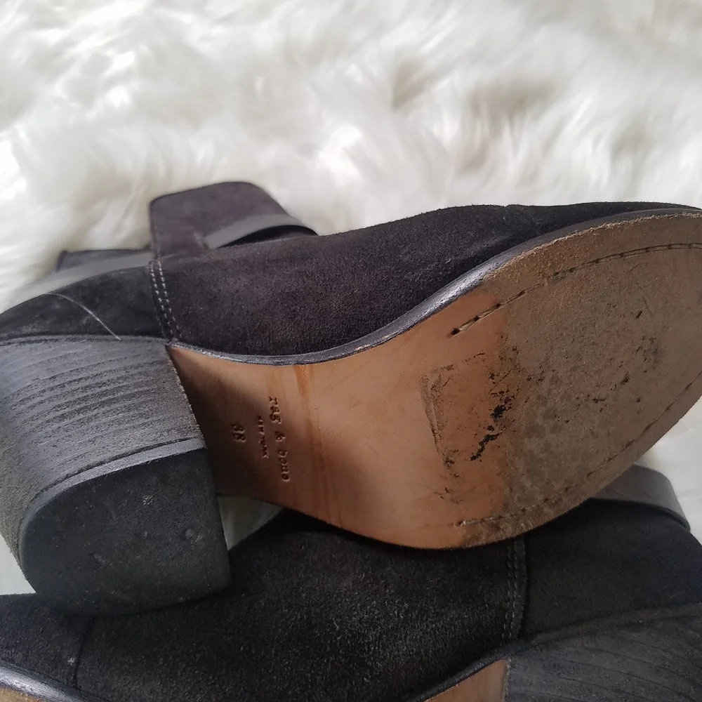 Rag & Bone Harrow Black Suede Leather Ankle Boots Chunky Stacked Heel sz38